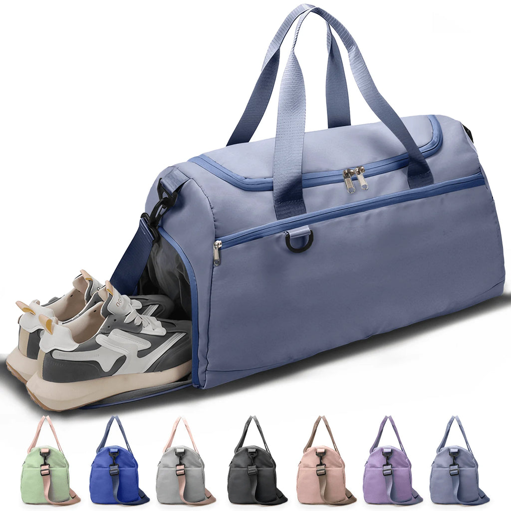 Haze Blue Waterproof Travel Duffle Bag with Shoe Compartment and Wet Pocket for Weekend Getaways, Gym, Sports, and Yoga