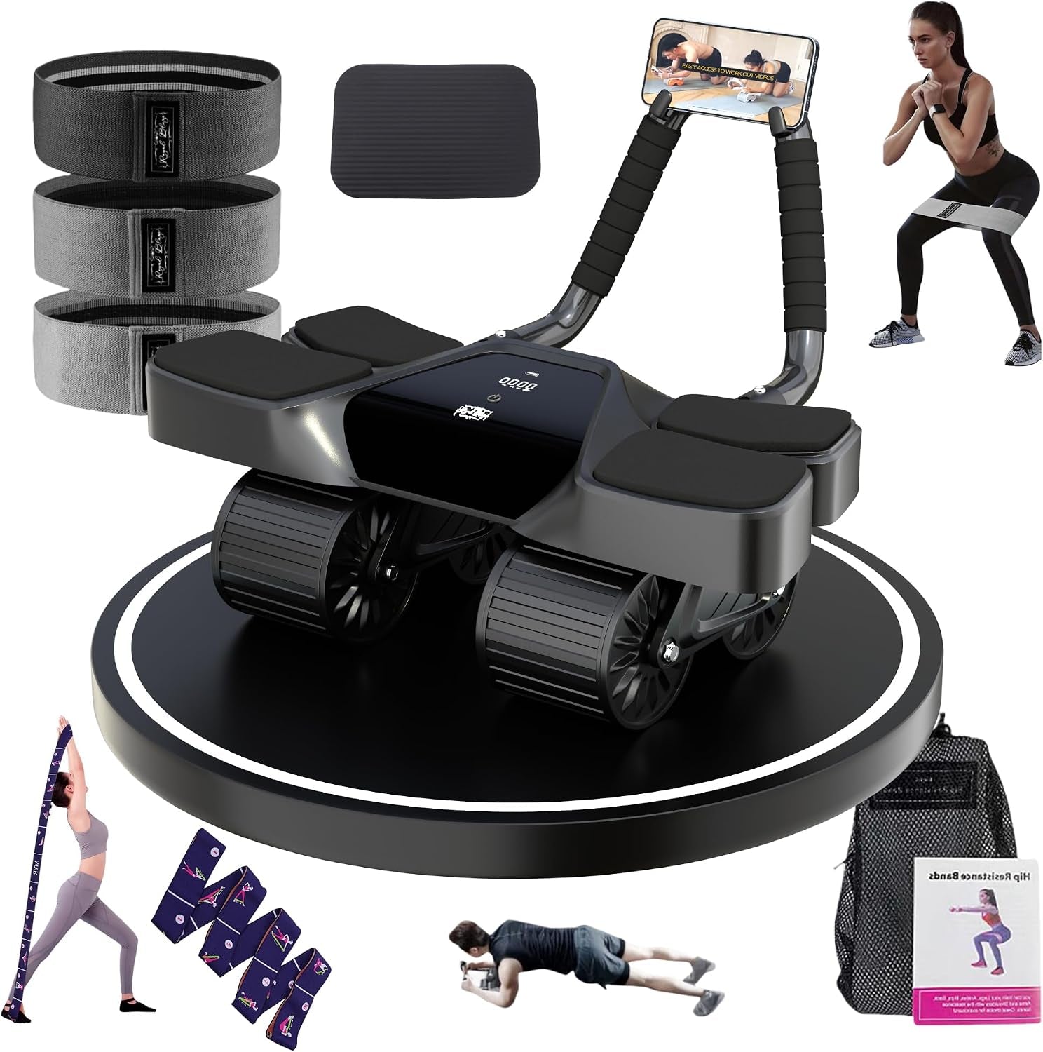 Ab Roller Home Gym Equipment with 4-Wheel Muscle Roller, Automatic Rebound, Yoga Stretching Strap, 3 Resistance Bands, Comfortable Elbow Support, Non-Slip Handles, and Built-In Workout Tracker
