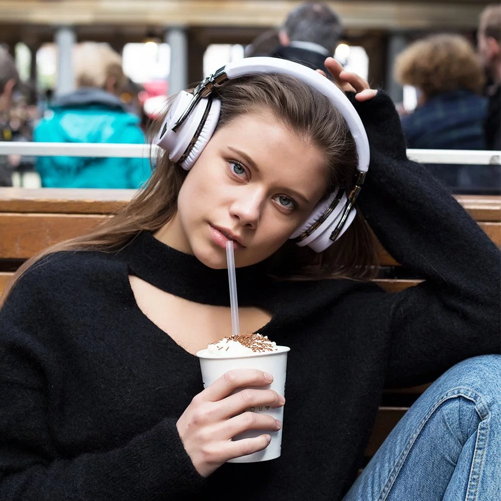 E7 Bluetooth Active Noise Cancelling Over-Ear Headphones with Microphone and Deep Bass (White)