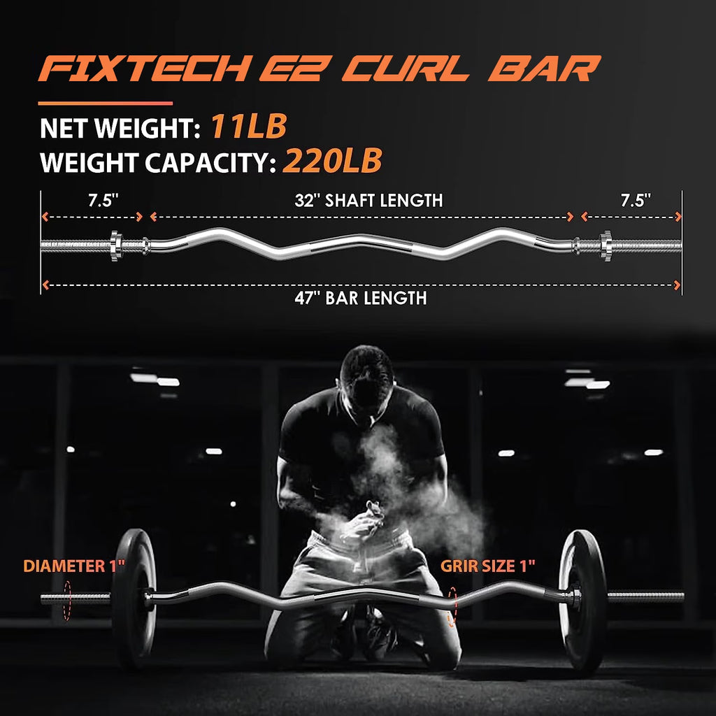 47-Inch Curl Bar with Collars for Standard 1-Inch Weight Plates, 440-Pound Weight Capacity, Silver Finish