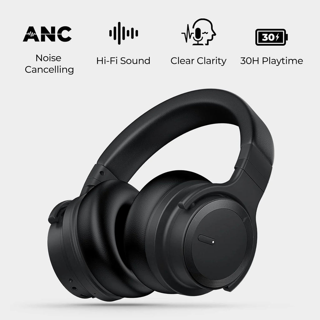 Active Noise Cancelling Wireless Bluetooth Over-Ear Headphones with Microphone, Deep Bass, Comfortable Protein Earpads, 30 Hours Playtime, Ideal for Travel and Work - Black