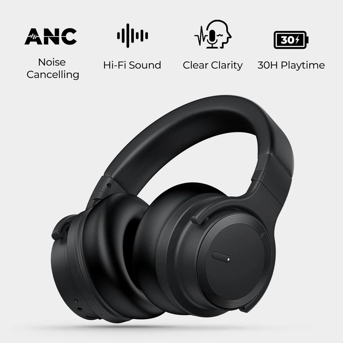 Active Noise Cancelling Wireless Bluetooth Over-Ear Headphones with Microphone, Deep Bass, Comfortable Protein Earpads, 30 Hours Playtime, Ideal for Travel and Work - Black