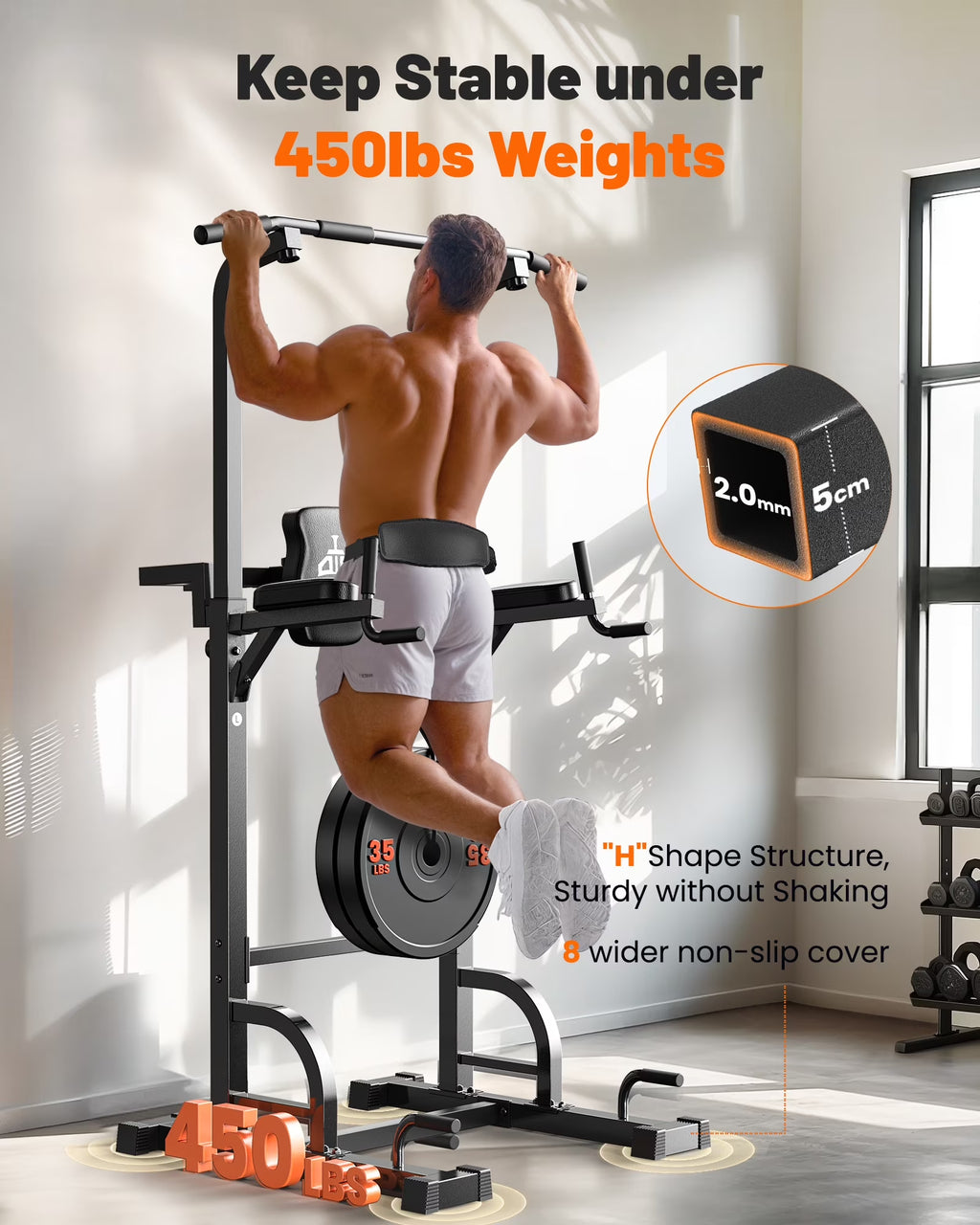 Sportsroyals Adjustable Power Tower - 400 lbs Maximum Weight Capacity, Dip Station, Pull-Up Bar, Power Rack, and Push-Up Resistance Band for Home Gym