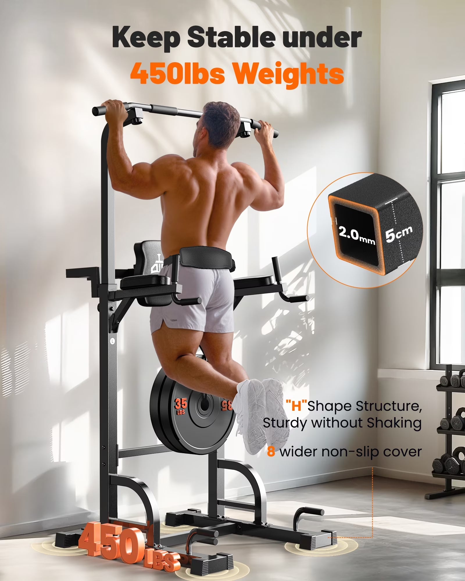 Sportsroyals Adjustable Power Tower - 400 lbs Maximum Weight Capacity, Dip Station, Pull-Up Bar, Power Rack, and Push-Up Resistance Band for Home Gym
