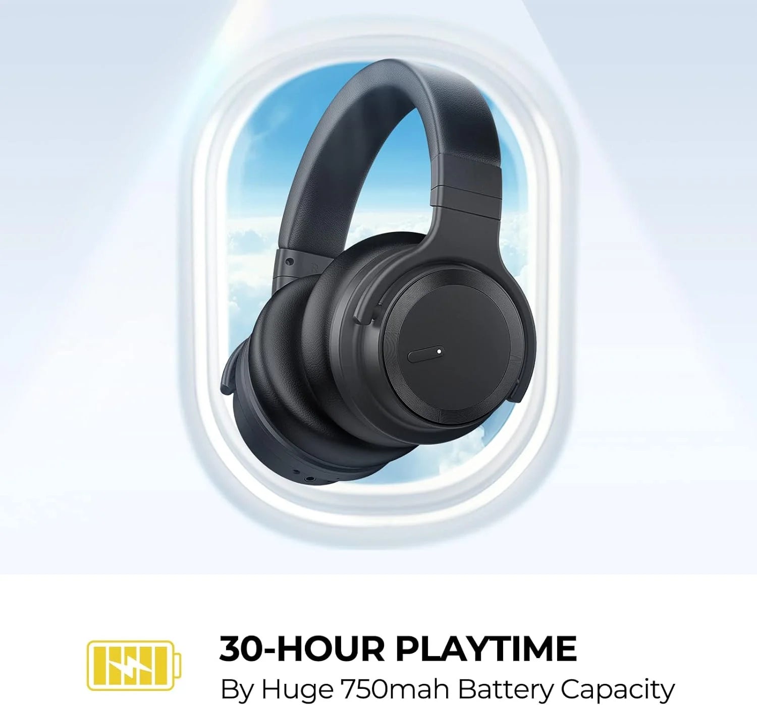Active Noise Cancelling Wireless Bluetooth Over-Ear Headphones with Microphone, Deep Bass, Comfortable Protein Earpads, 30 Hours Playtime, Ideal for Travel and Work - Black
