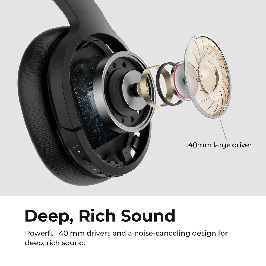 Premium Active Noise Cancelling Bluetooth Headphones with Microphone, Over-Ear Design, Comfortable Protein Earpads, 30 Hours Playtime, Foldable for Travel and Work - Black