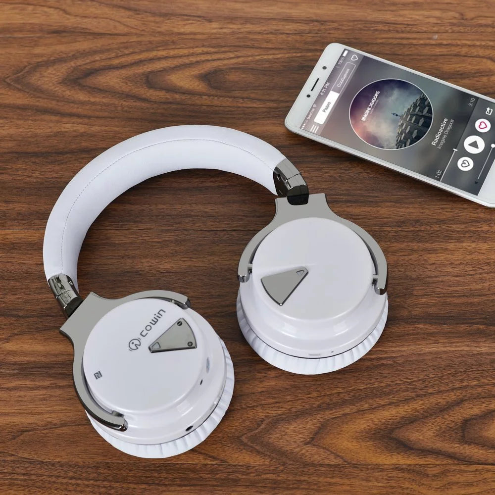 E7 Bluetooth Active Noise Cancelling Over-Ear Headphones with Microphone and Deep Bass (White)