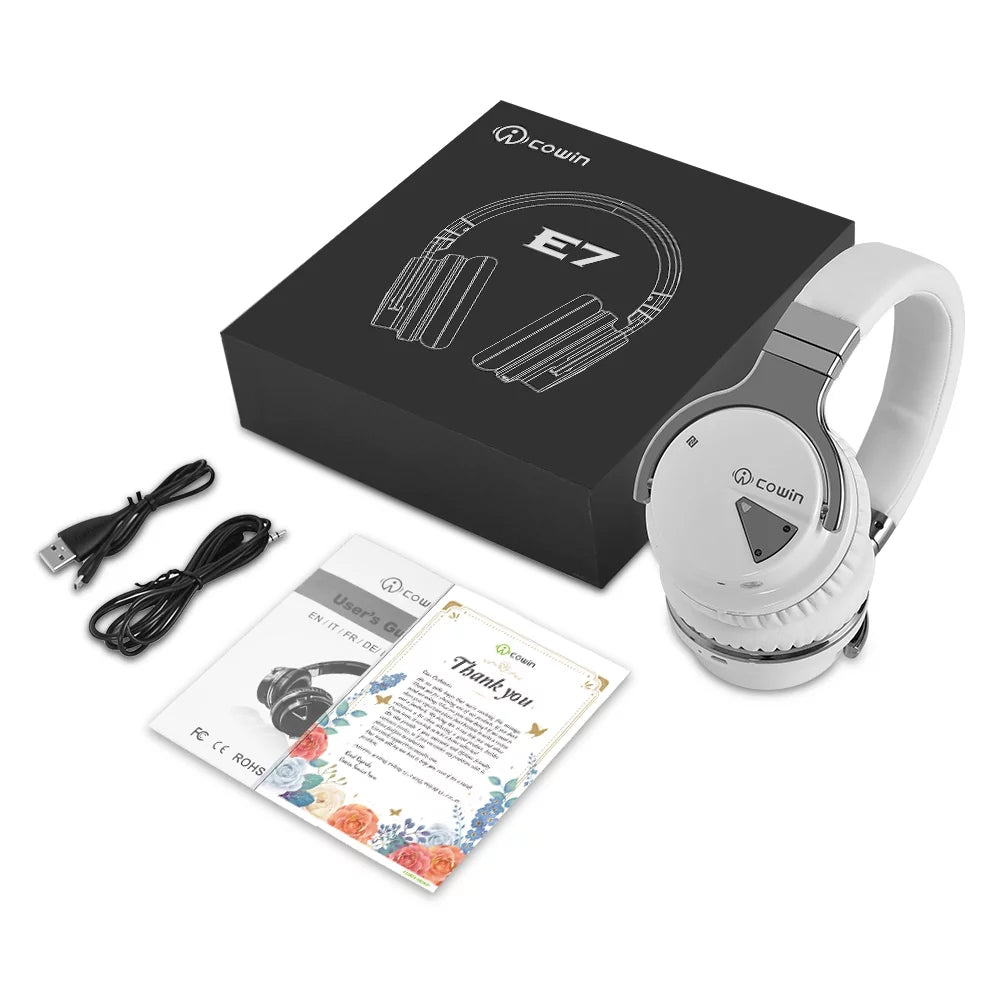 E7 Bluetooth Active Noise Cancelling Over-Ear Headphones with Microphone and Deep Bass (White)