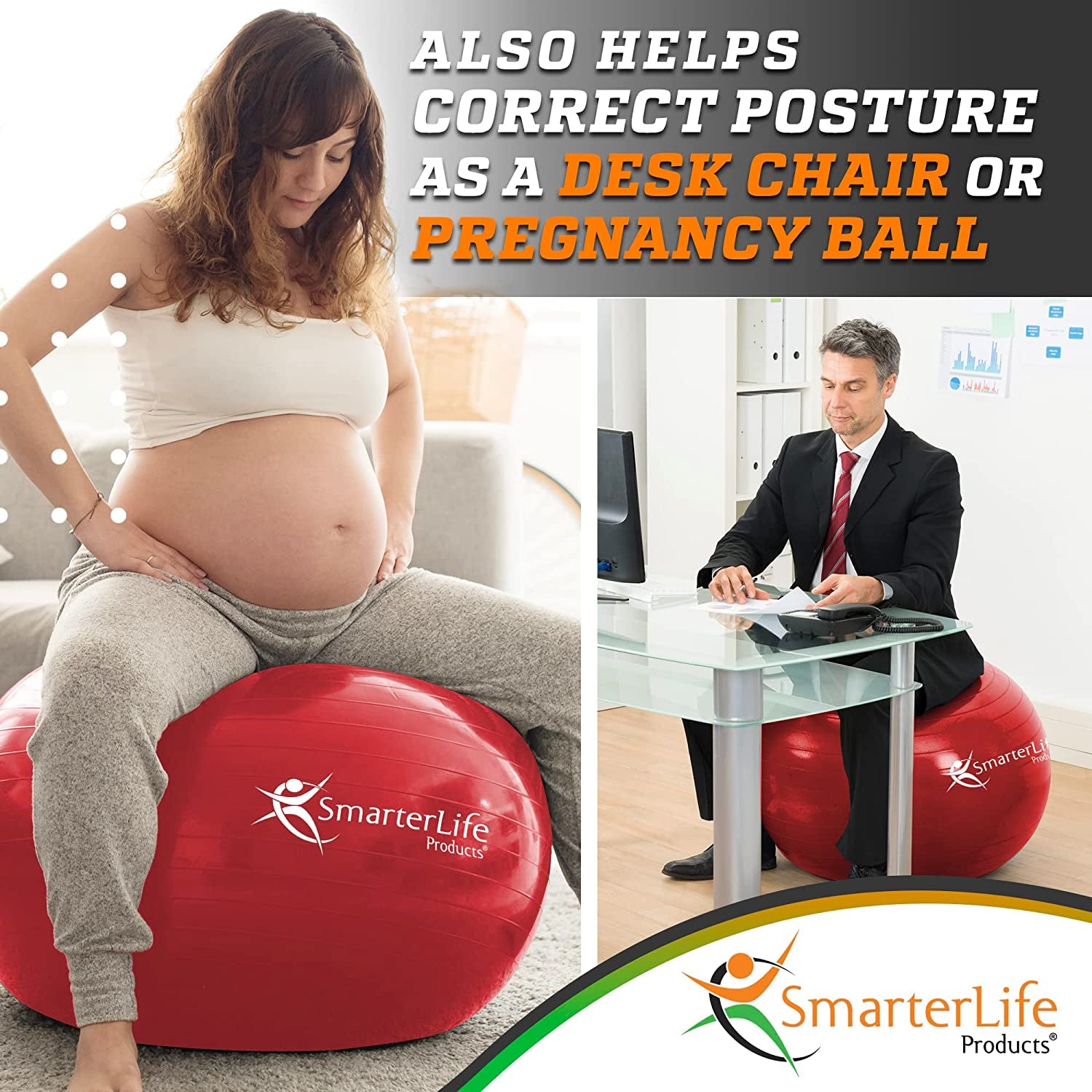 Smarterlife Premium Exercise and Yoga Ball for Fitness, Balance, Stability, and Pregnancy - Anti-Slip, Anti-Burst Gym Ball for Core Workouts, Physical Therapy, and Office Use