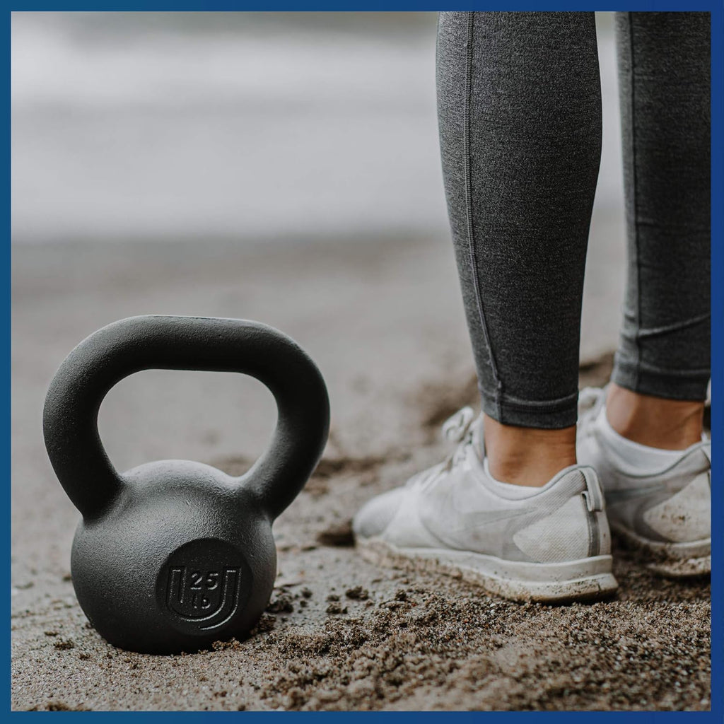 Powdercoated Kettlebell (20lb, 25lb, 35lb, 44lb, 50lb) - Made in USA - Ergonomic Wide Grip Handle for Home Gym, Core Fitness, Strength Training, and Muscle Building for Men and Women