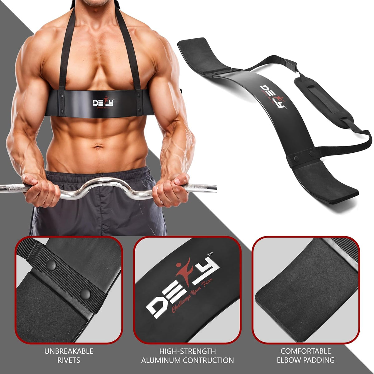 DEFY Adjustable Arm Blaster for Biceps and Triceps with Durable 7mm Aluminum Plate and Neck Pad for Strength Training and Bodybuilding Isolation Curl Machine