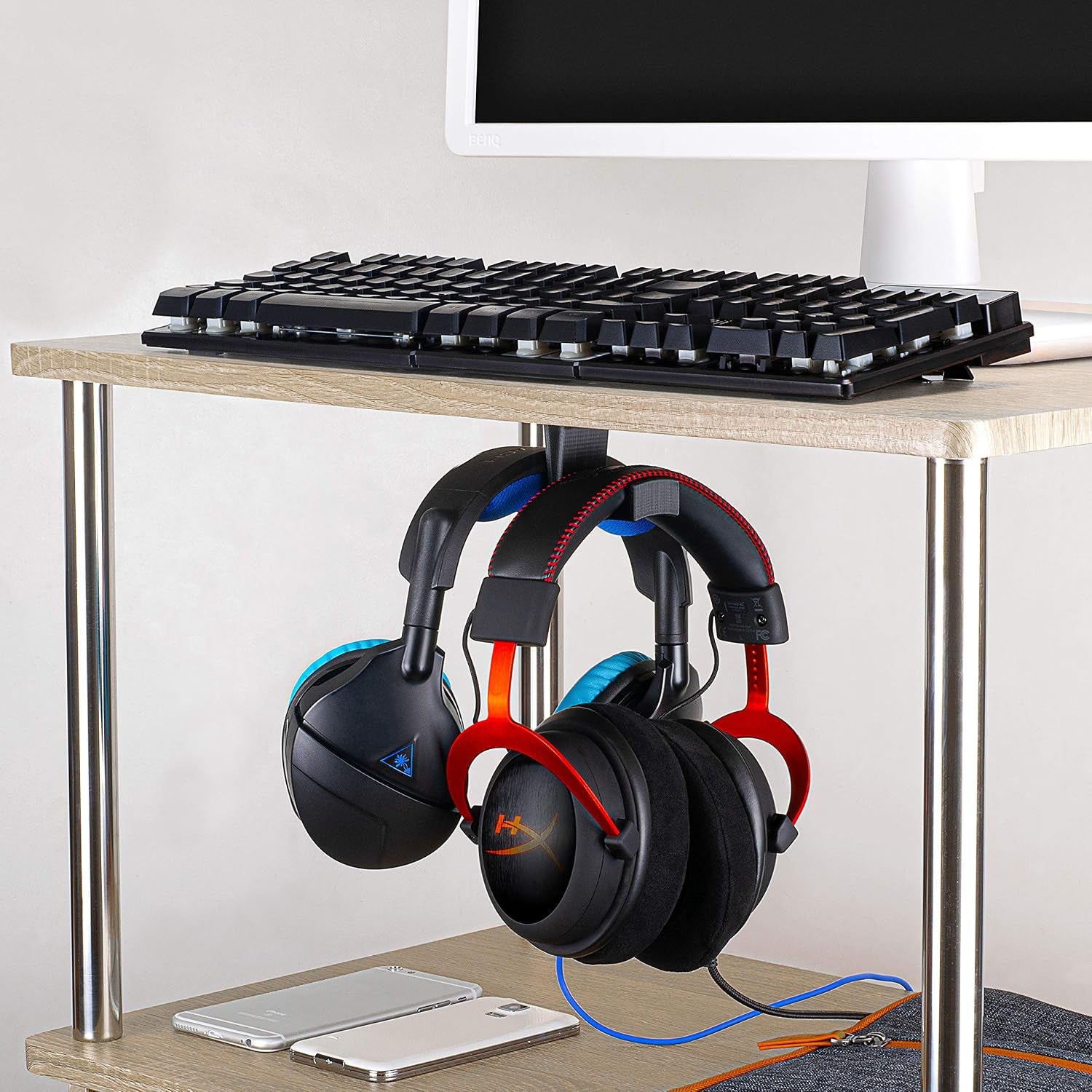 Bigt Dual Headphone Stand (2-Pack) - Under Desk Hanger for Headphones, Gaming Headsets, and Mobile Accessories, Adhesive Installation, No Screws, Black