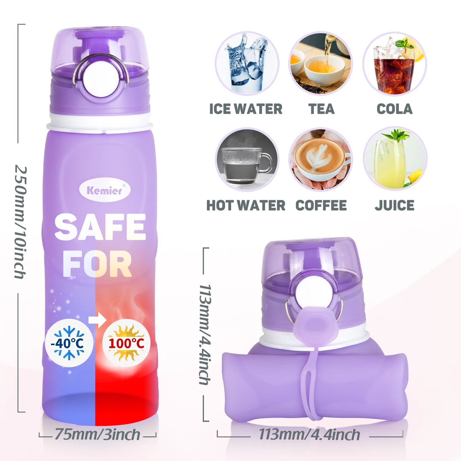 Collapsible Silicone Water Bottle - 750ml, Medical Grade, BPA-Free, Roll-Up Design, 26oz, Leak-Proof, Foldable for Sports and Outdoor Use