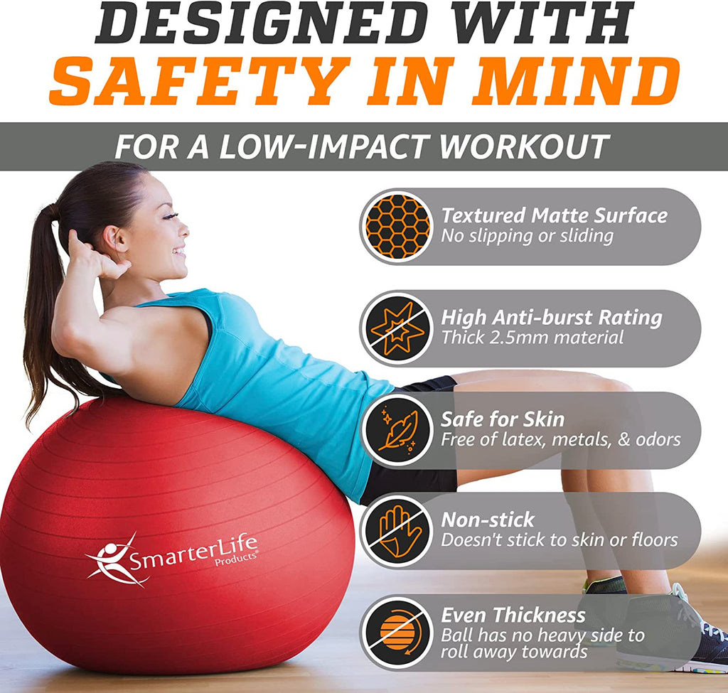 Smarterlife Premium Exercise and Yoga Ball for Fitness, Balance, Stability, and Pregnancy - Anti-Slip, Anti-Burst Gym Ball for Core Workouts, Physical Therapy, and Office Use