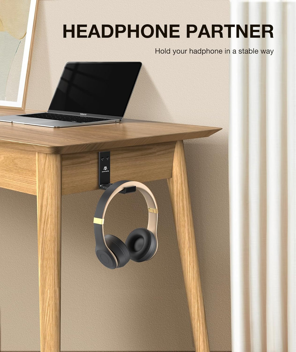 Foldable Aluminum Headphone Stand and Headset Holder Mount with No-Scratch Silicone Pad, Strong Adhesive Gaming Headset Hanger for PC, Home, and Office Use