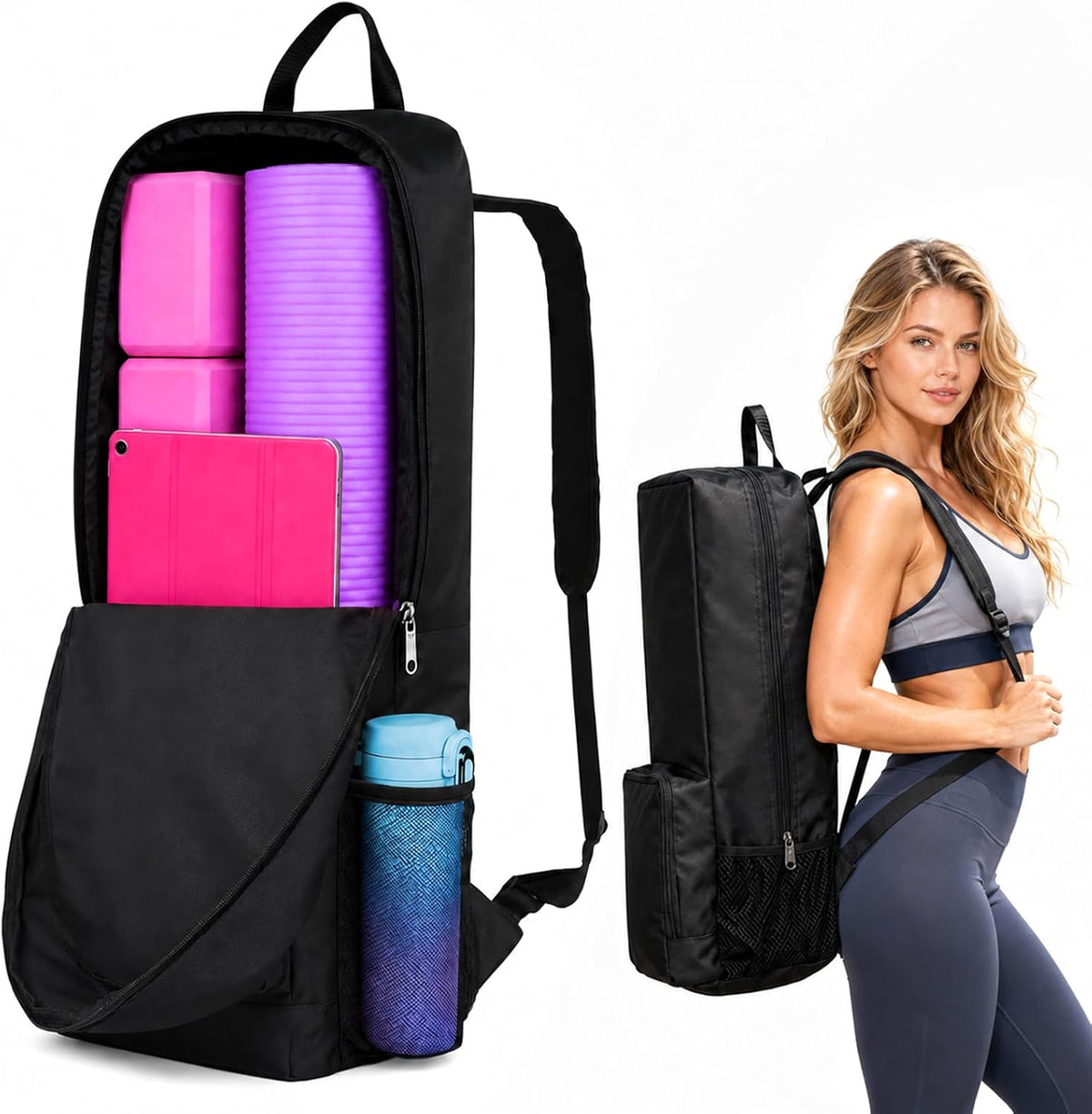 Yoga Mat Carrier Bag with Pockets and Adjustable Strap - Lightweight Waterproof Backpack for Yoga Mats and Accessories for Men and Women (Black)