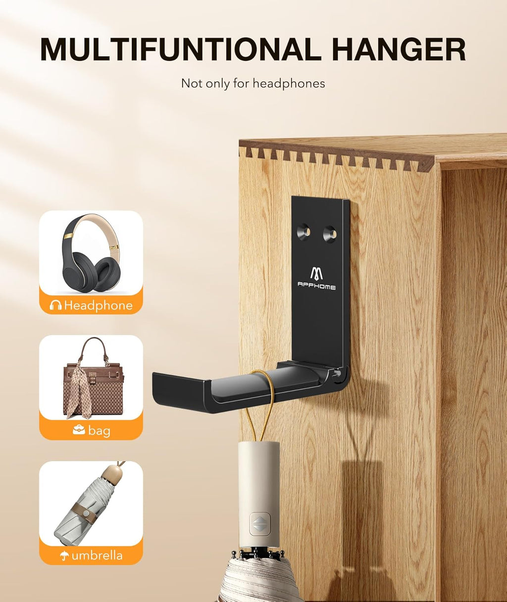 Foldable Aluminum Headphone Stand and Headset Holder Mount with No-Scratch Silicone Pad, Strong Adhesive Gaming Headset Hanger for PC, Home, and Office Use