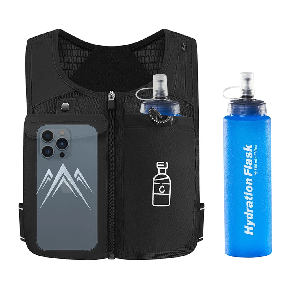 Reflective Running Vest with 500ml Hydration Bottle, Adjustable Waistband, Breathable Fabric, and Chest Pack Holder for Men and Women