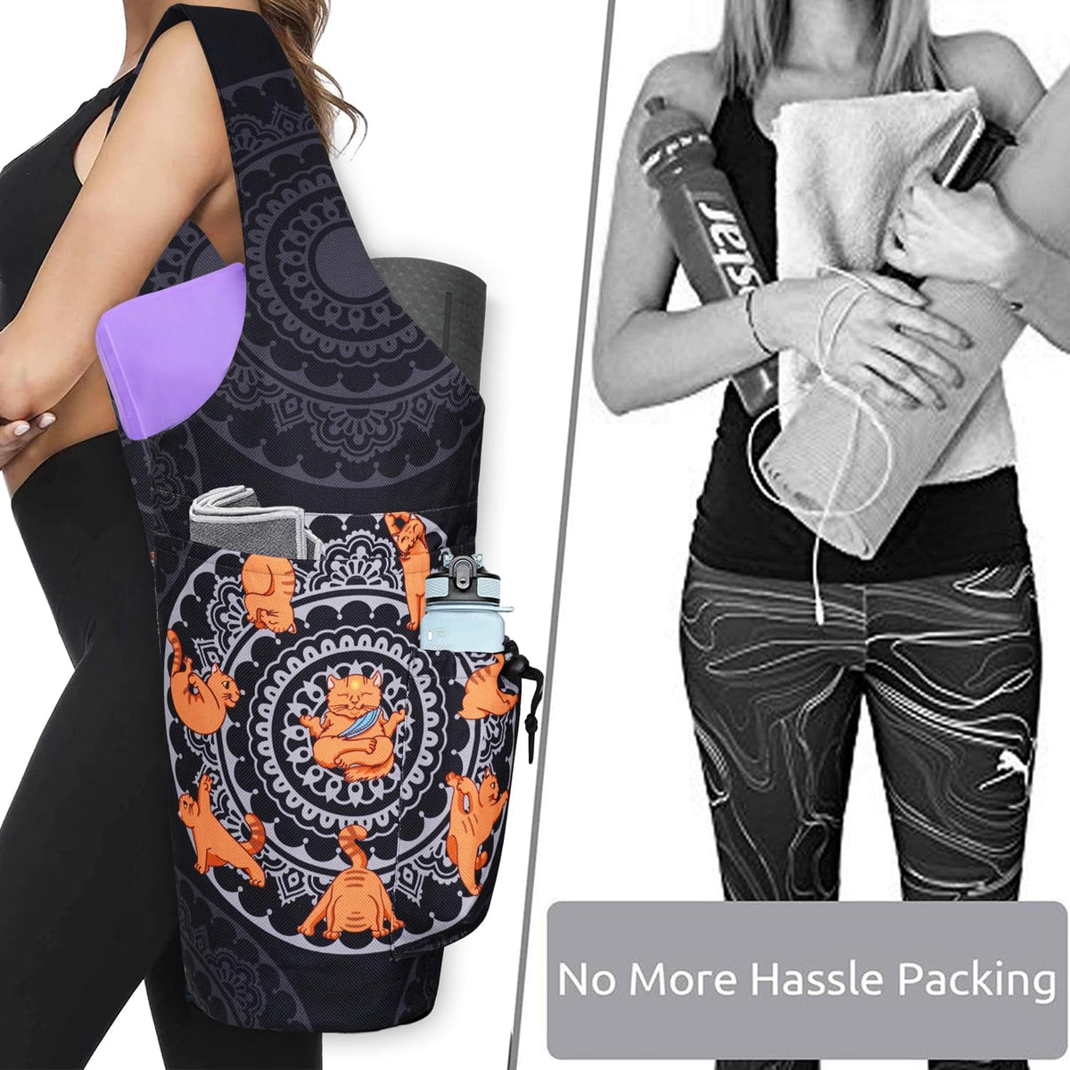 Yoga Mat Carrier Bag - Spacious Tote with Waterproof Zipper Pocket and Drawstring Water Bottle Holder, Compatible with Most Yoga Mat Sizes