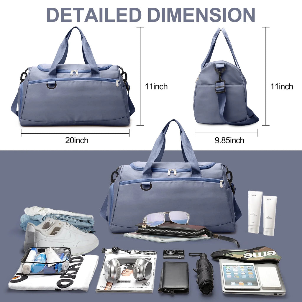 Haze Blue Waterproof Travel Duffle Bag with Shoe Compartment and Wet Pocket for Weekend Getaways, Gym, Sports, and Yoga