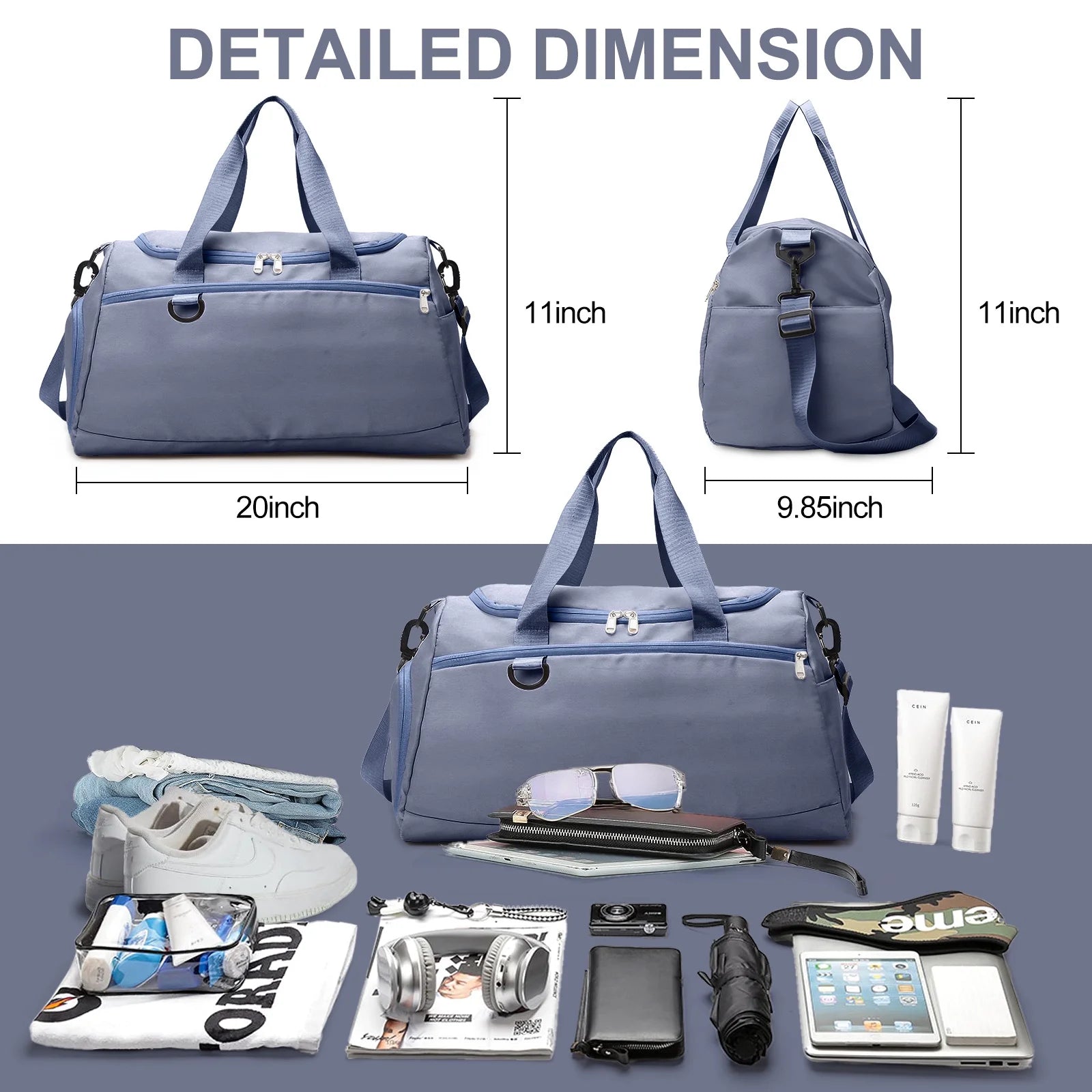 Haze Blue Waterproof Travel Duffle Bag with Shoe Compartment and Wet Pocket for Weekend Getaways, Gym, Sports, and Yoga