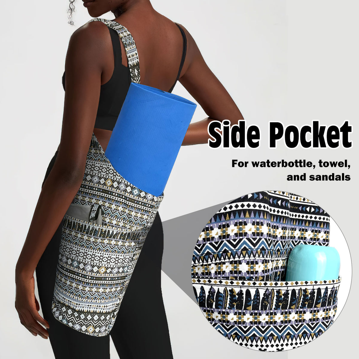 Yoga Mat Carrier Bag with Large Side Pocket and Long Strap - Fits Most Sizes