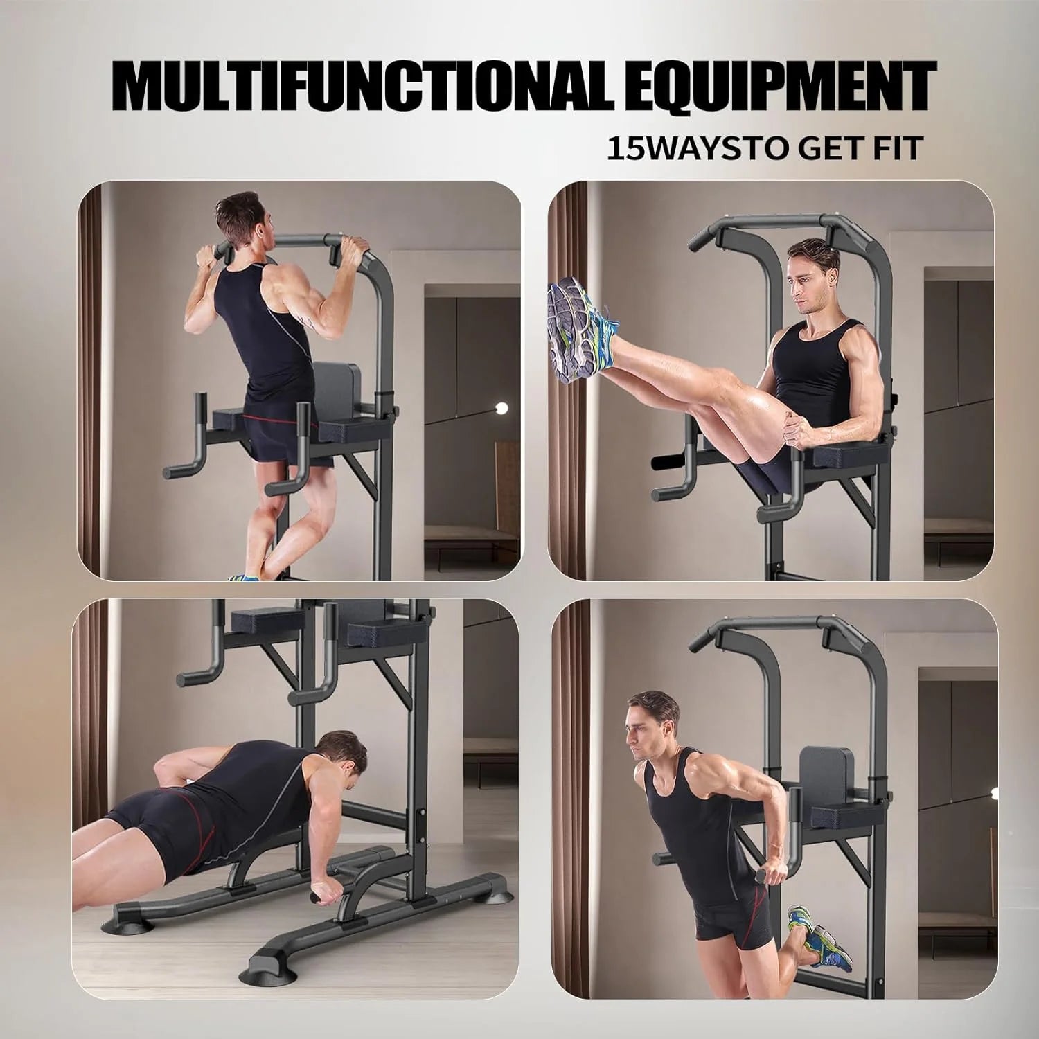 Adjustable Power Tower Dip Station with Pull-Up Bar for Home Gym - 660LB Capacity Strength Training Equipment
