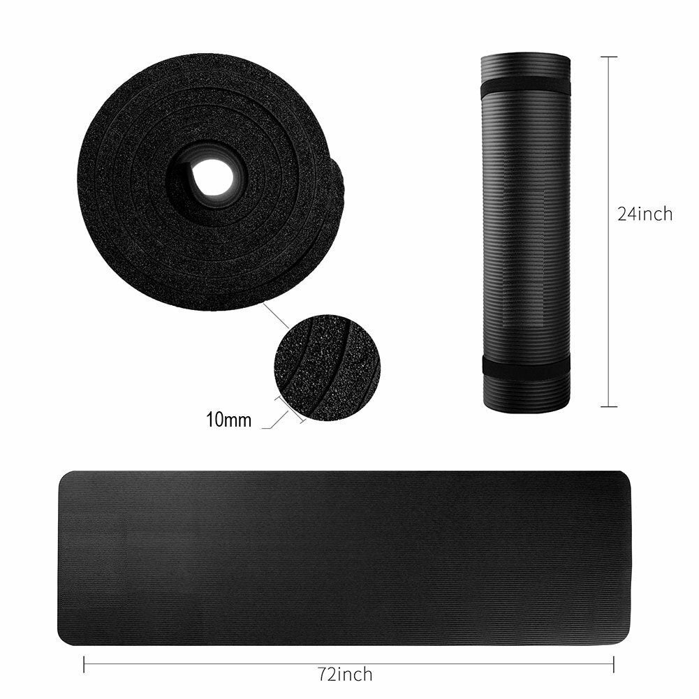 Premium 10mm Extra Thick NBR Yoga and Pilates Mat with Carry Bag and Strap - 72" x 24"