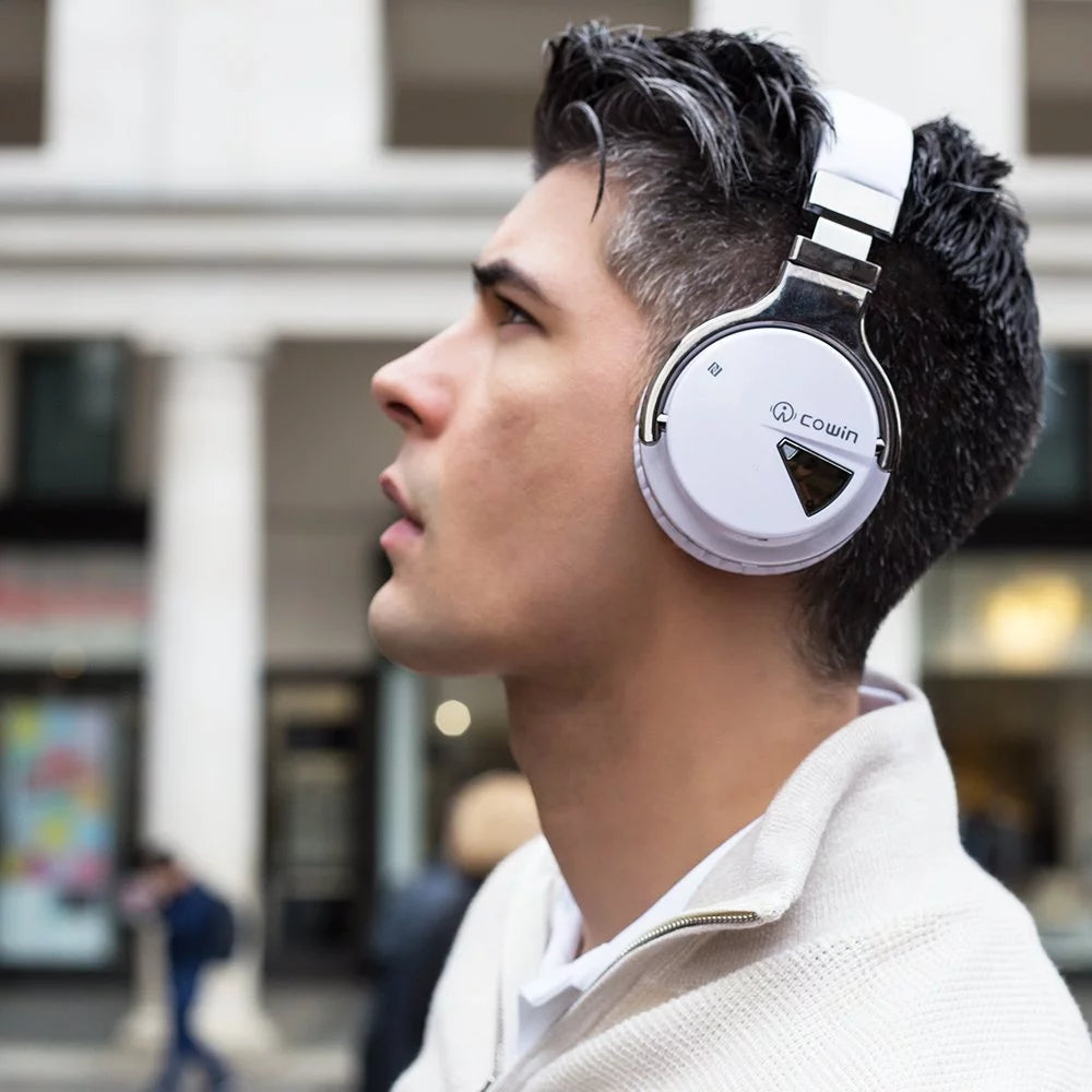 E7 Bluetooth Active Noise Cancelling Over-Ear Headphones with Microphone and Deep Bass (White)