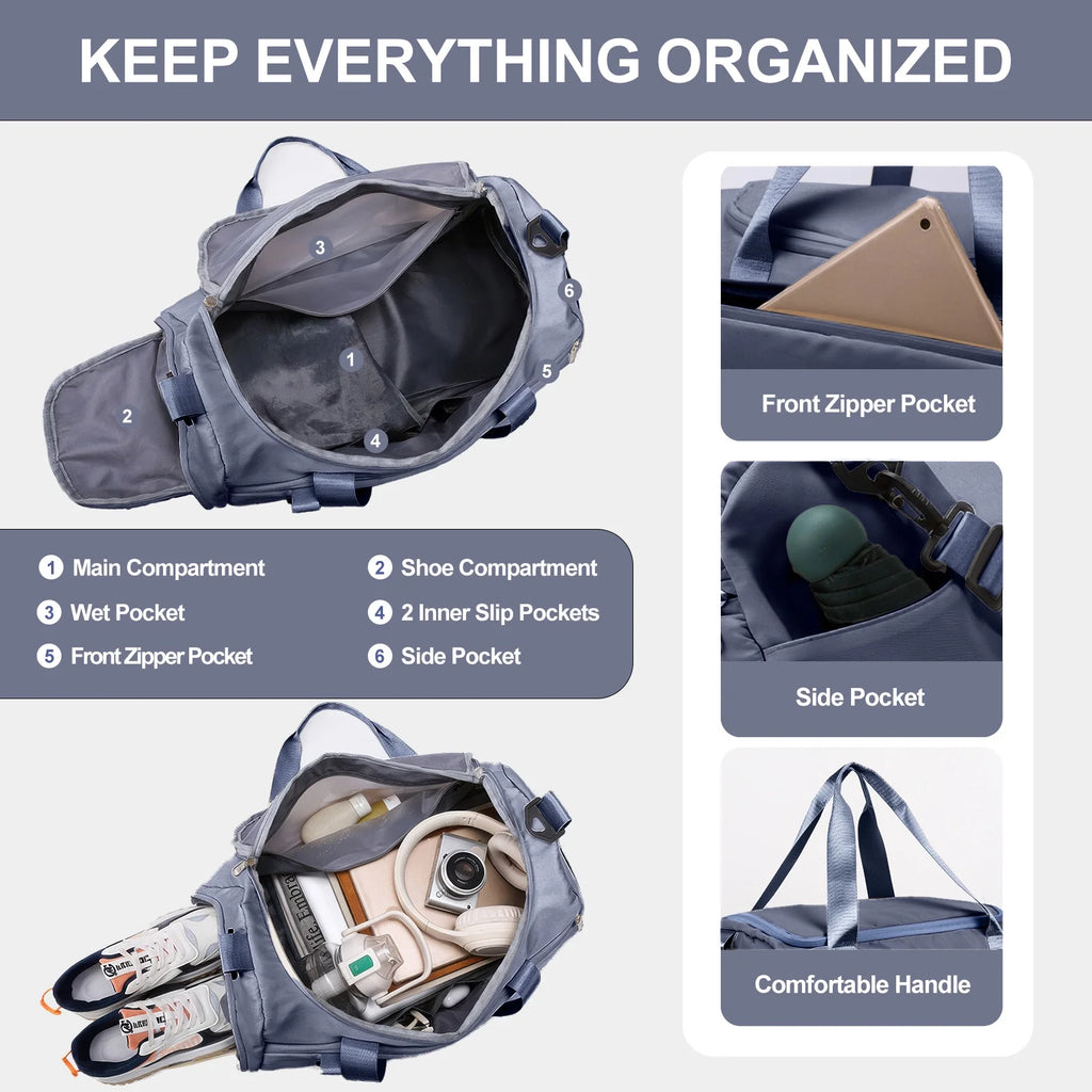 Haze Blue Waterproof Travel Duffle Bag with Shoe Compartment and Wet Pocket for Weekend Getaways, Gym, Sports, and Yoga