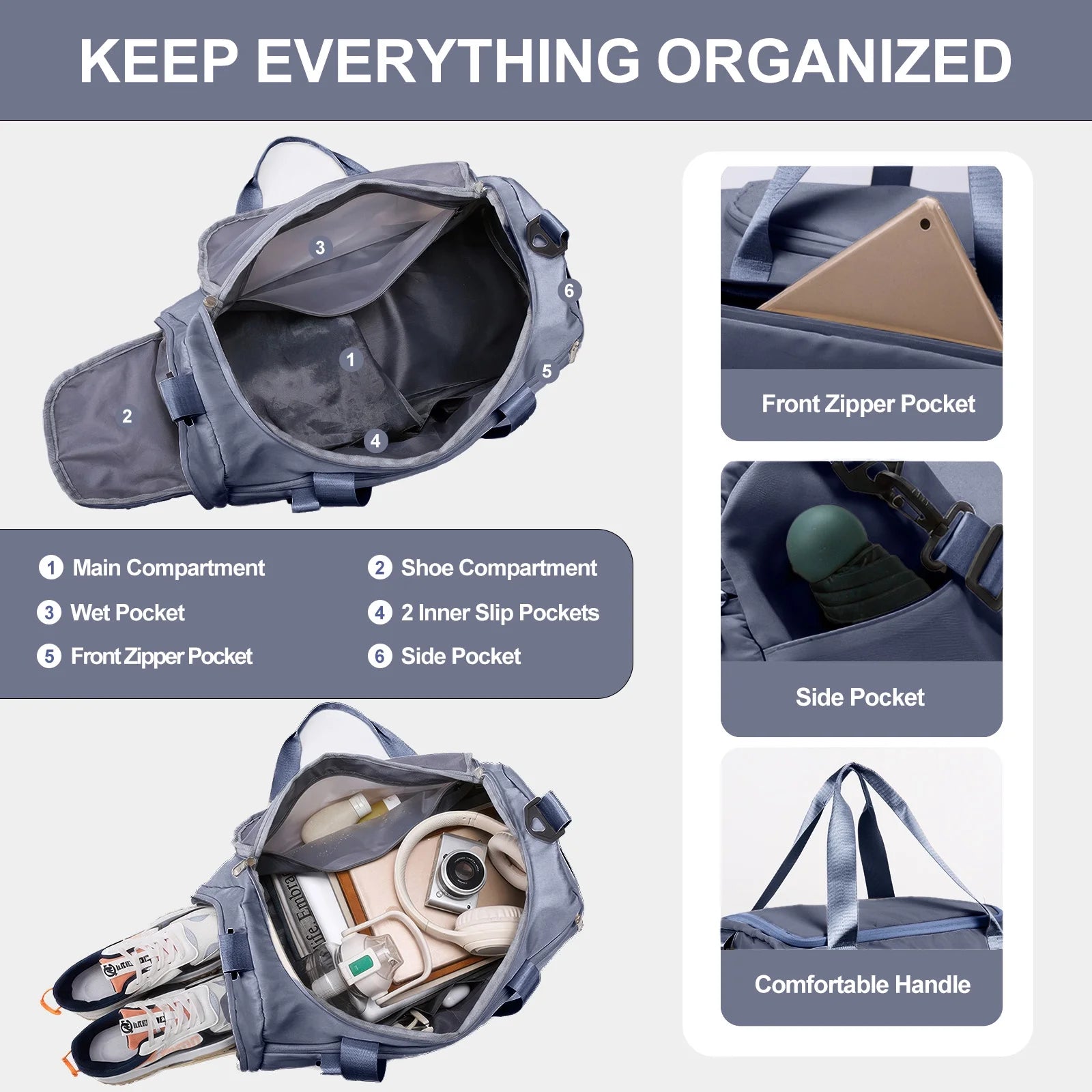 Haze Blue Waterproof Travel Duffle Bag with Shoe Compartment and Wet Pocket for Weekend Getaways, Gym, Sports, and Yoga