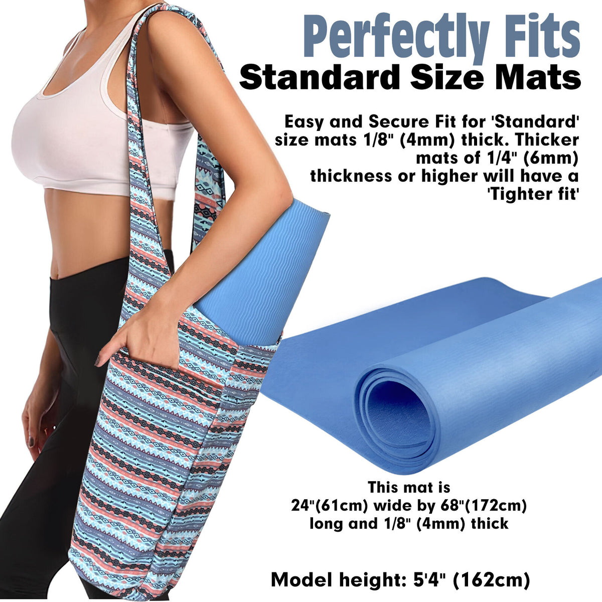 Yoga Mat Carrier Bag with Large Side Pocket and Long Strap - Fits Most Sizes