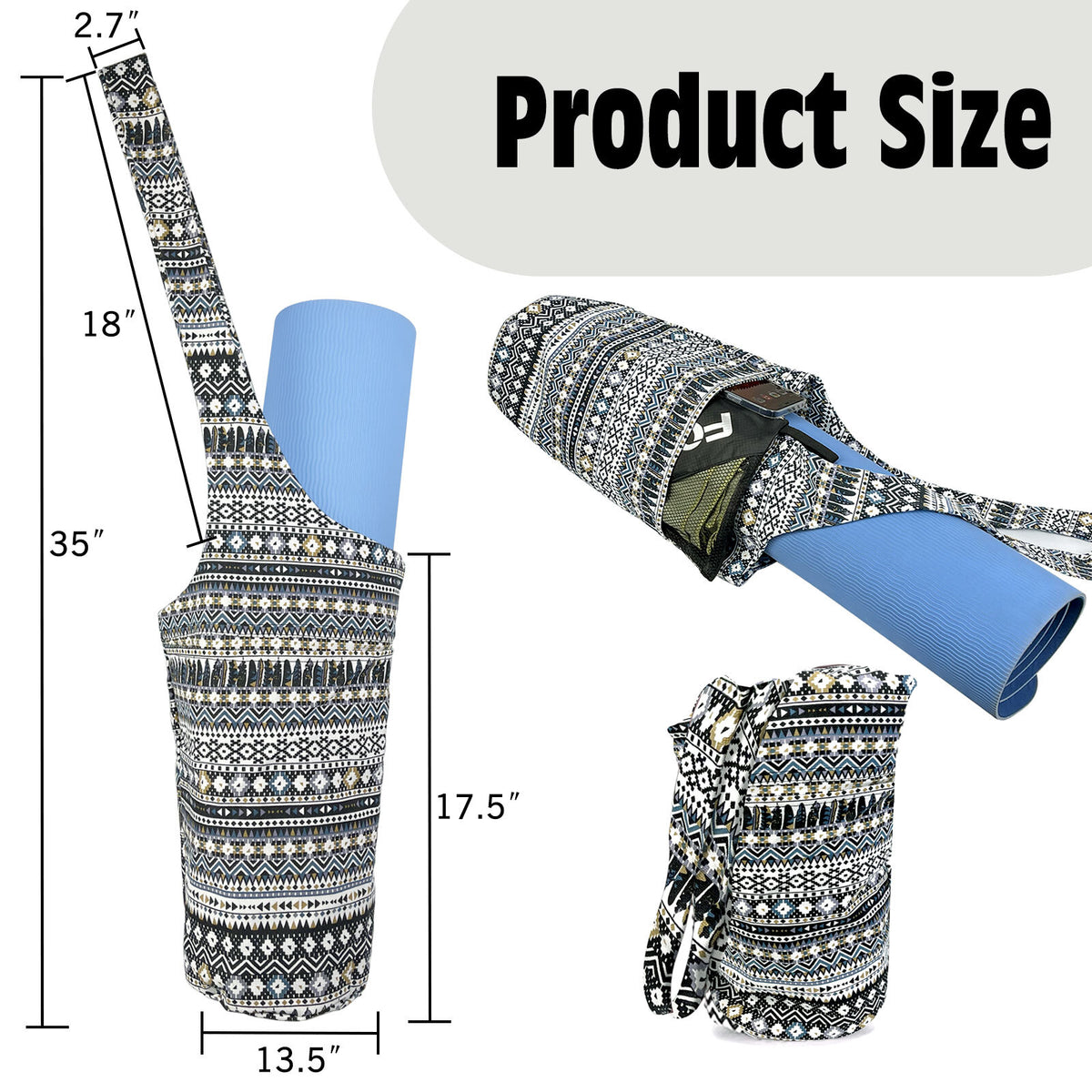 Yoga Mat Carrier Bag with Large Side Pocket and Long Strap - Fits Most Sizes