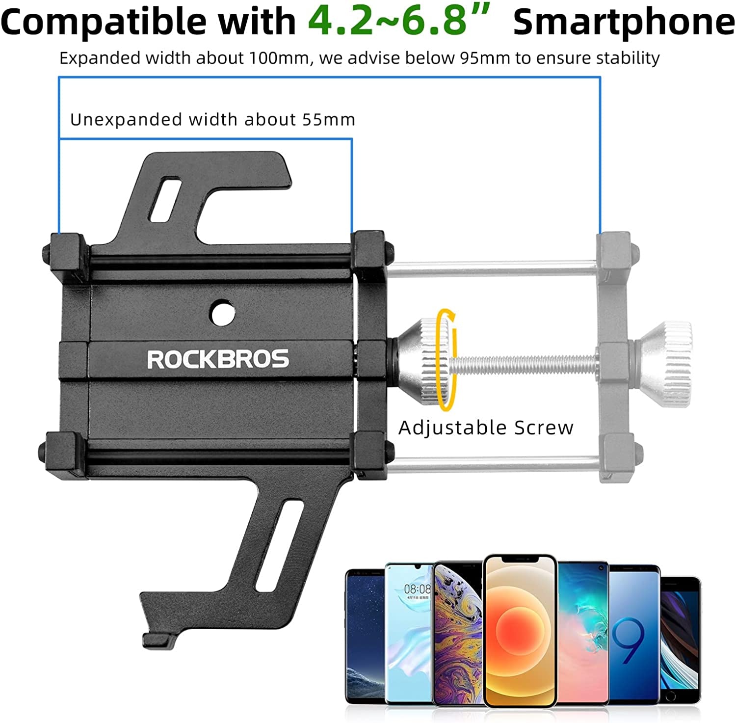 Premium Motorcycle Phone Mount with 5-Claw Lock Anti-Shake Design, Aluminum Alloy Construction, 360° Rotatable, Silicone Padded Grip, Compatible with 4.7" to 7" Smartphones (Width up to 95mm/3.7 inches)