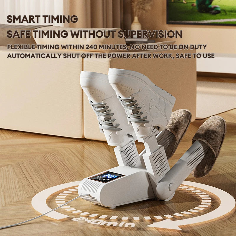 Portable Electric Shoe and Boot Dryer with 180° Folding Design and Smart Display for Footwear, Gloves, Hats, Socks, and Ski Boots