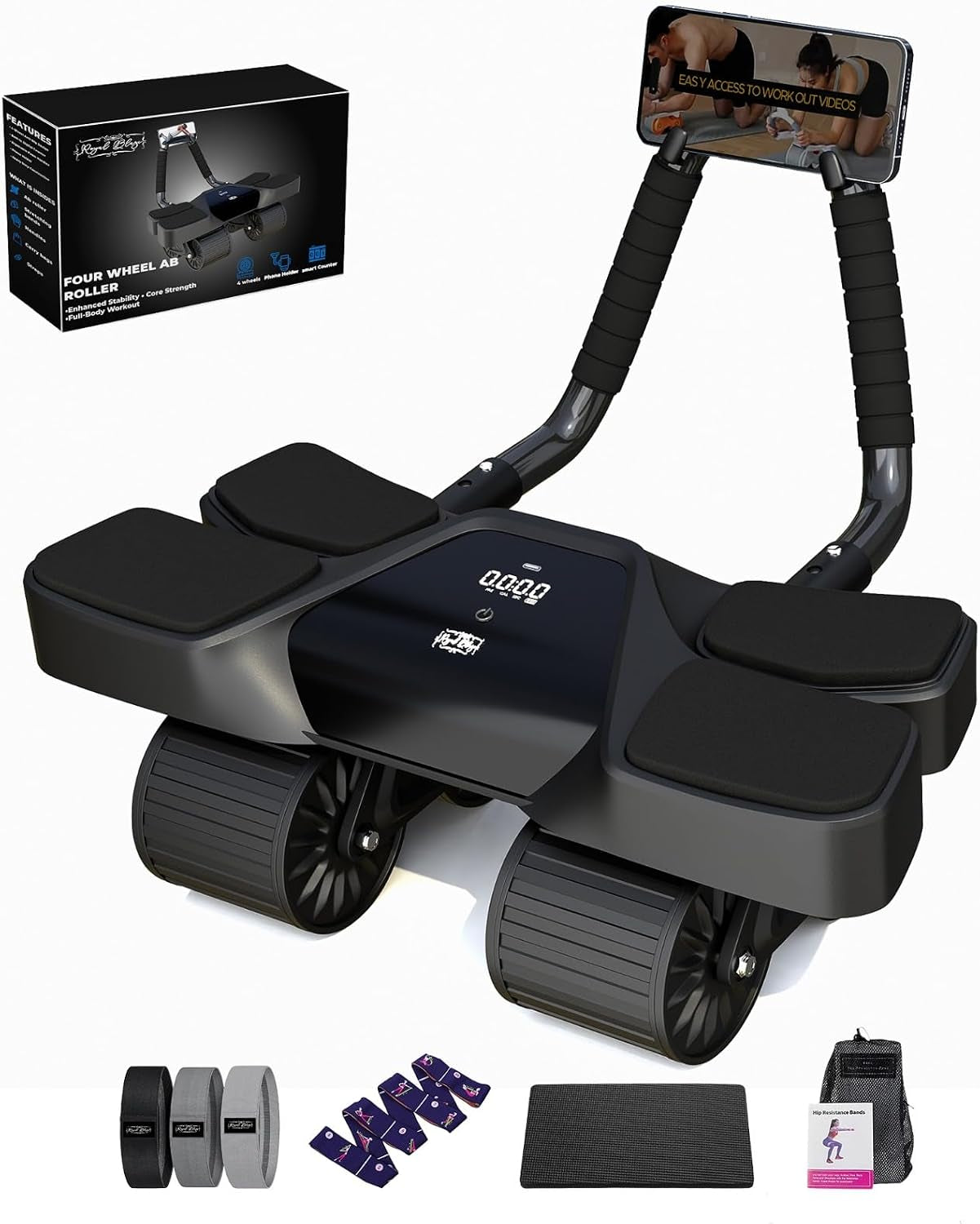 Ab Roller Home Gym Equipment with 4-Wheel Muscle Roller, Automatic Rebound, Yoga Stretching Strap, 3 Resistance Bands, Comfortable Elbow Support, Non-Slip Handles, and Built-In Workout Tracker