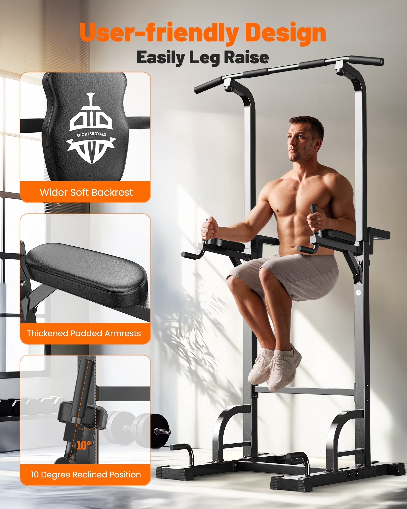 Sportsroyals Adjustable Power Tower - 400 lbs Maximum Weight Capacity, Dip Station, Pull-Up Bar, Power Rack, and Push-Up Resistance Band for Home Gym