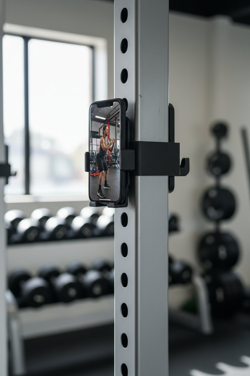 Power Rack Smartphone Mount - Tool-Free Hook-On Holder for 2"x2" and 3"x3" Squat Rack, Supports Vertical & Horizontal Viewing, Compatible with Phones up to 3.22" Wide